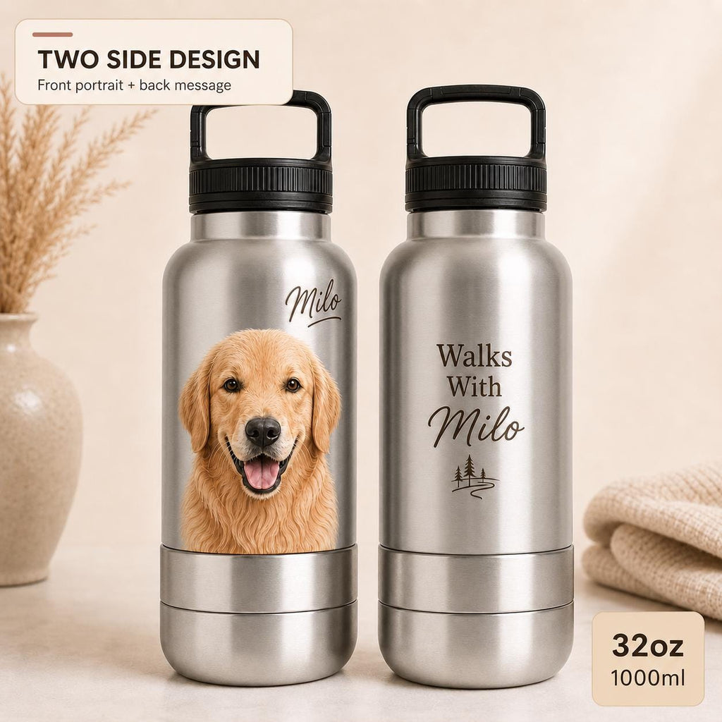 Personalisierte silberne Reisenapf-Flasche für Hunde: Edelstahl-Wasserflasche mit integriertem Napf (950 ml)