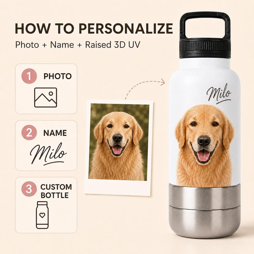 Personalisierte weiße Reiseflasche für Hunde: Edelstahl-Trinkflasche mit Napf (946 ml)