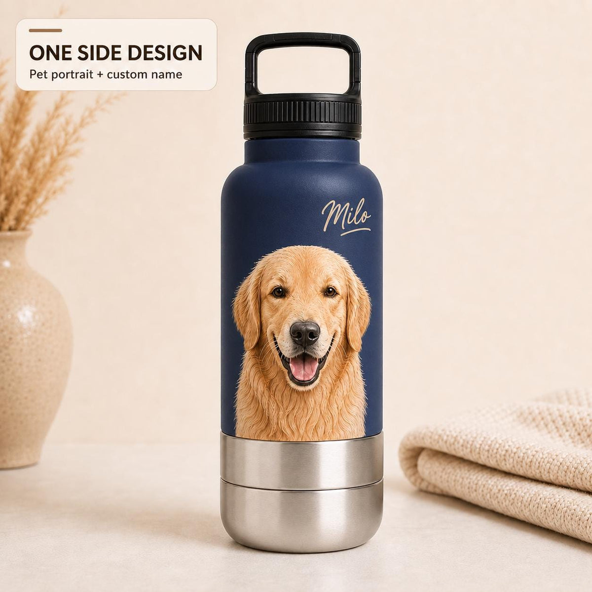 Personalized Blue Dog Travel Bottle: Stainless Steel Water & Bowl Cup (32 oz)