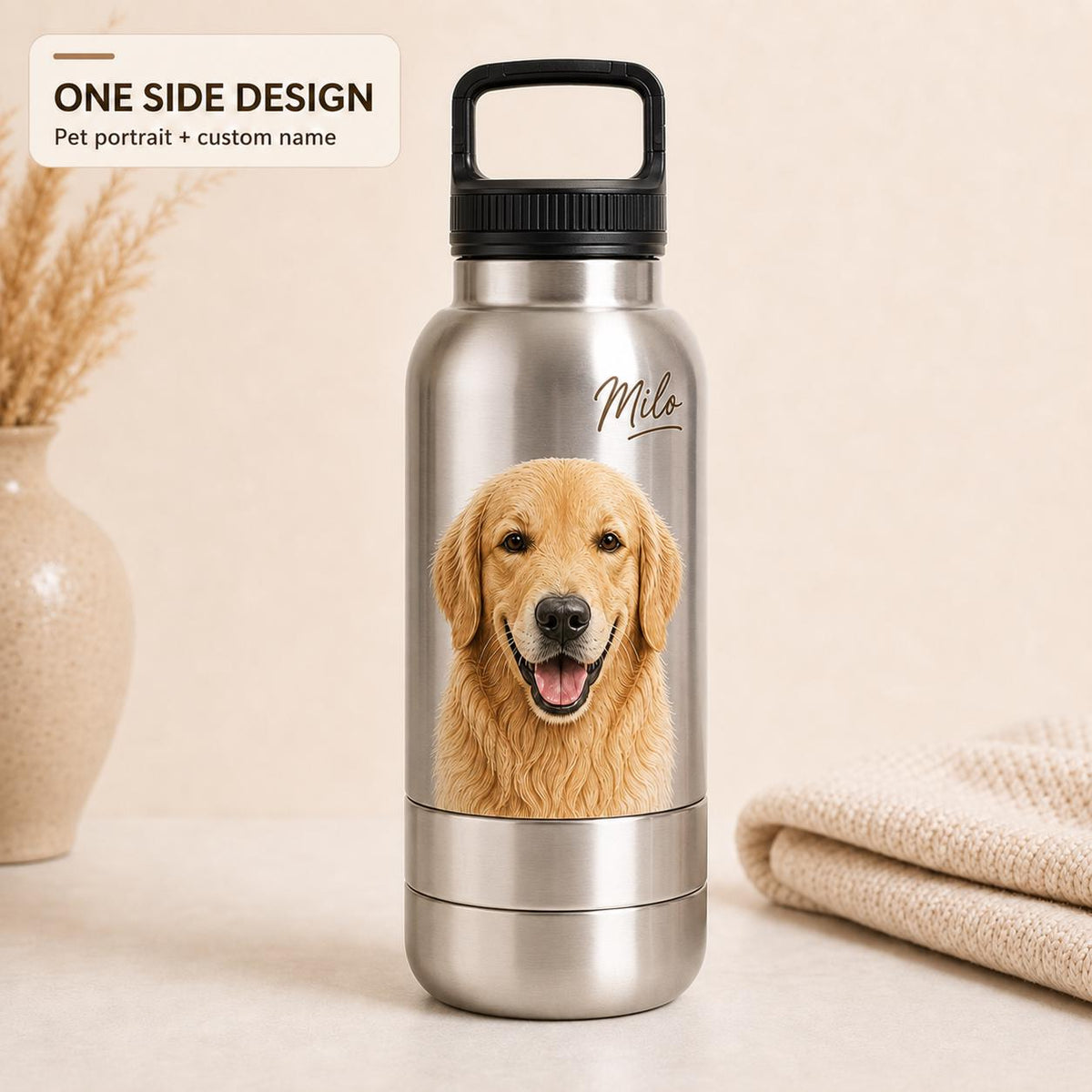 Personalized Silver Dog Travel Bottle: Stainless Steel Water & Bowl Cup (32 oz)