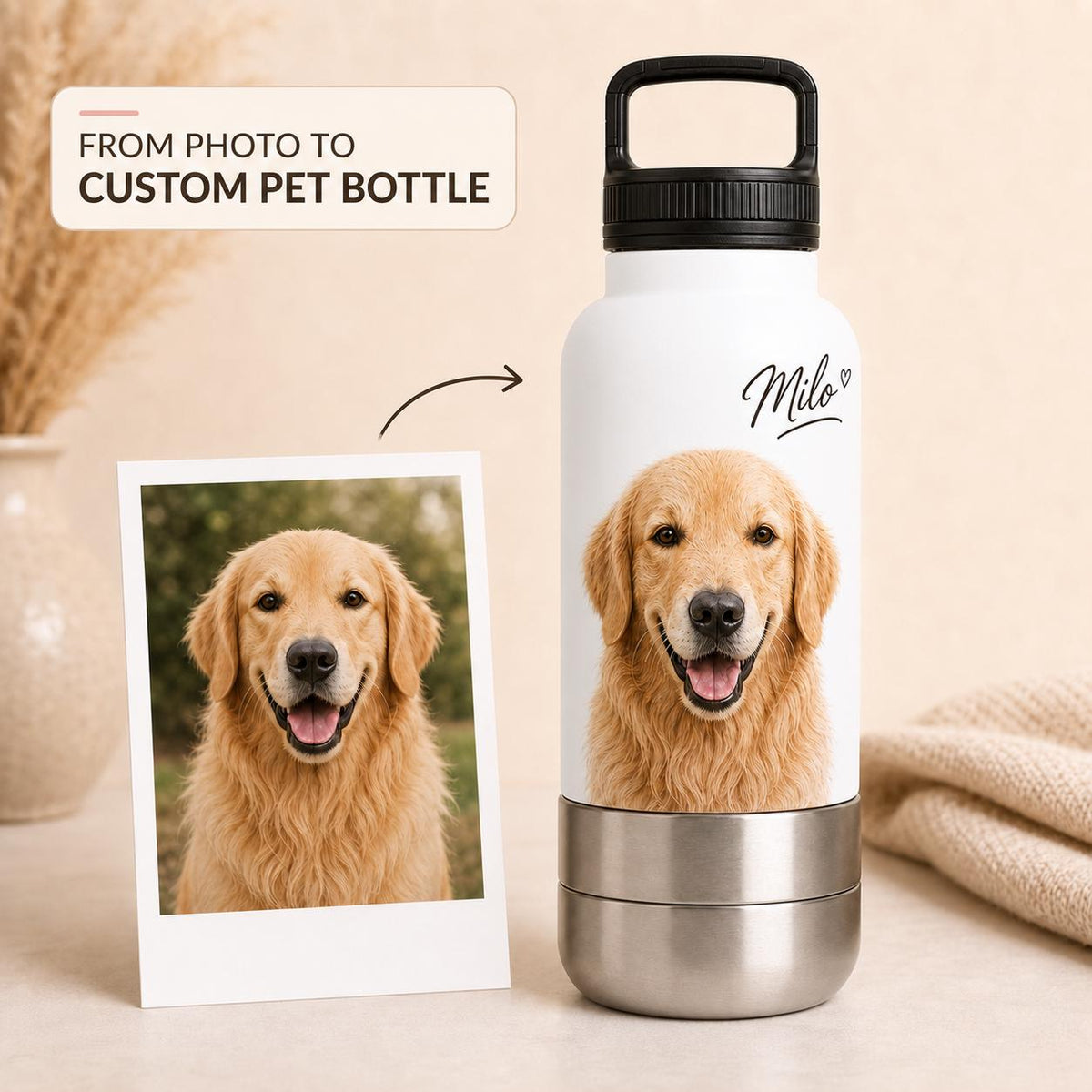 Personalized White Dog Travel Bottle: Stainless Steel Water & Bowl Cup (32 oz)