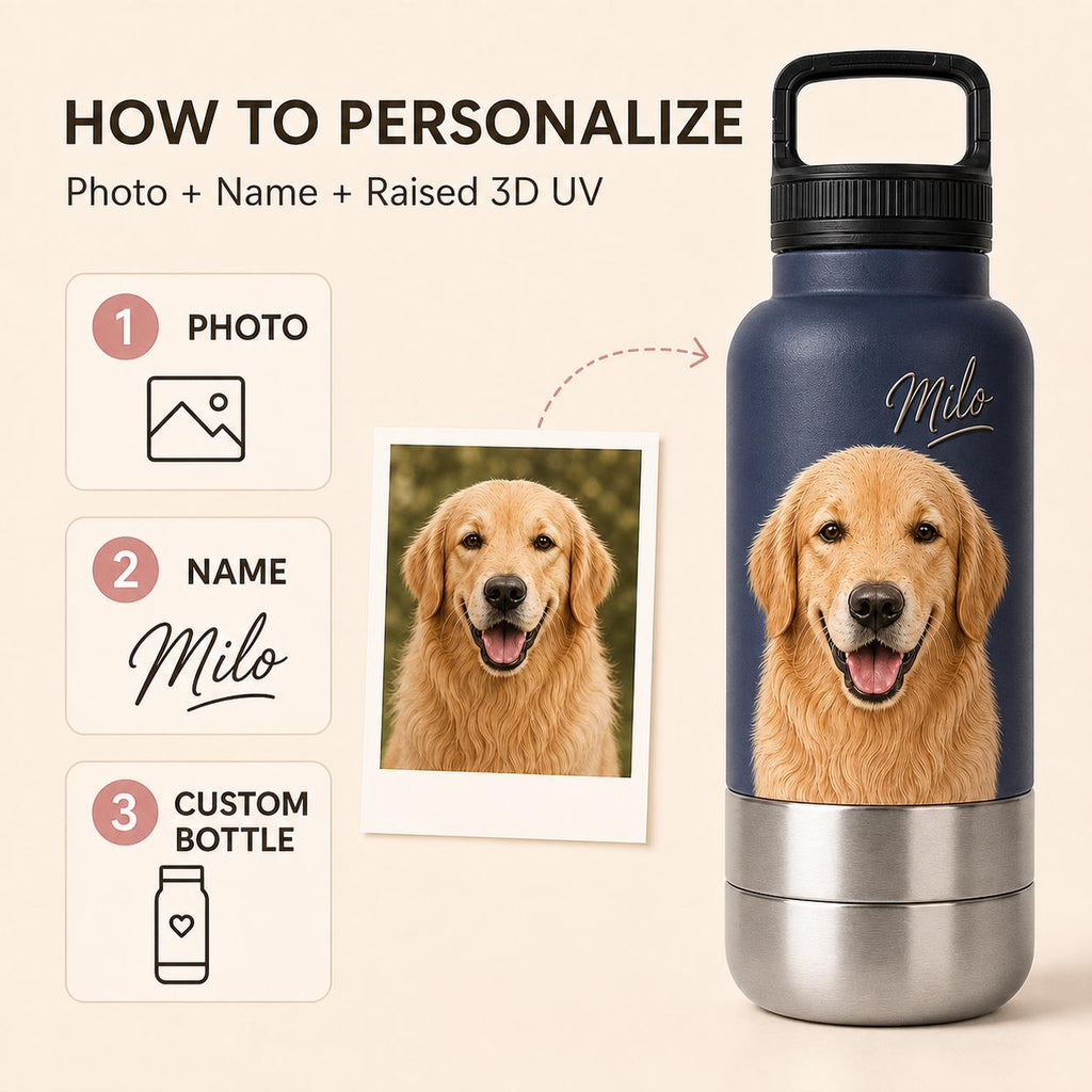 Personalized Blue Dog Travel Bottle: Stainless Steel Water & Bowl Cup (32 oz)