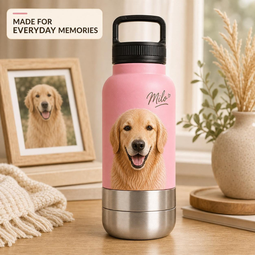 Personalized Pink Dog Travel Bottle: Stainless Steel Water & Bowl Cup (32 oz)