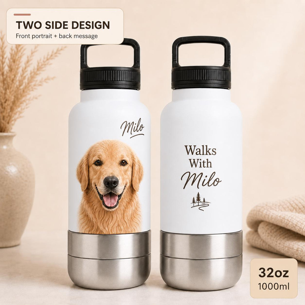 Personalized White Dog Travel Bottle: Stainless Steel Water & Bowl Cup (32 oz)