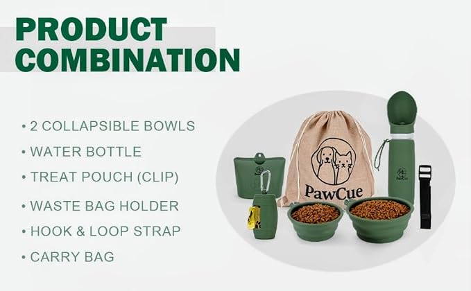 Pet Travel Essentials Bundle-Dog Travel Kit with 2 Collapsible Bowls, Silicone Treat Pouch, Collapsible Water Bottle, Mesh Carry Bag, Waste Bag Holder, Hook-and-Loop Strap