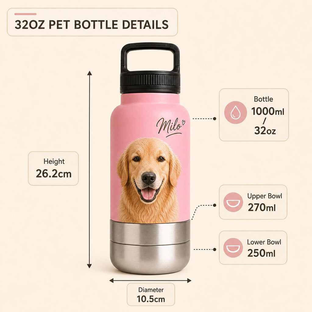Personalized Pink Dog Travel Bottle: Stainless Steel Water & Bowl Cup (32 oz)