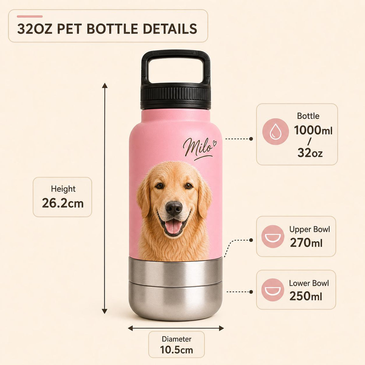 Personalized Pink Dog Travel Bottle: Stainless Steel Water & Bowl Cup (32 oz)