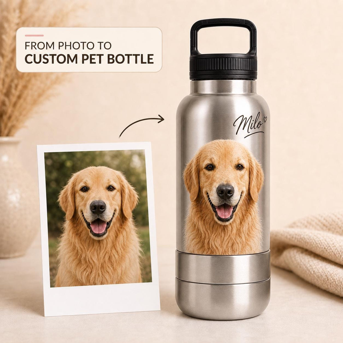 Personalisierte silberne Reisenapf-Flasche für Hunde: Edelstahl-Wasserflasche mit integriertem Napf (950 ml)