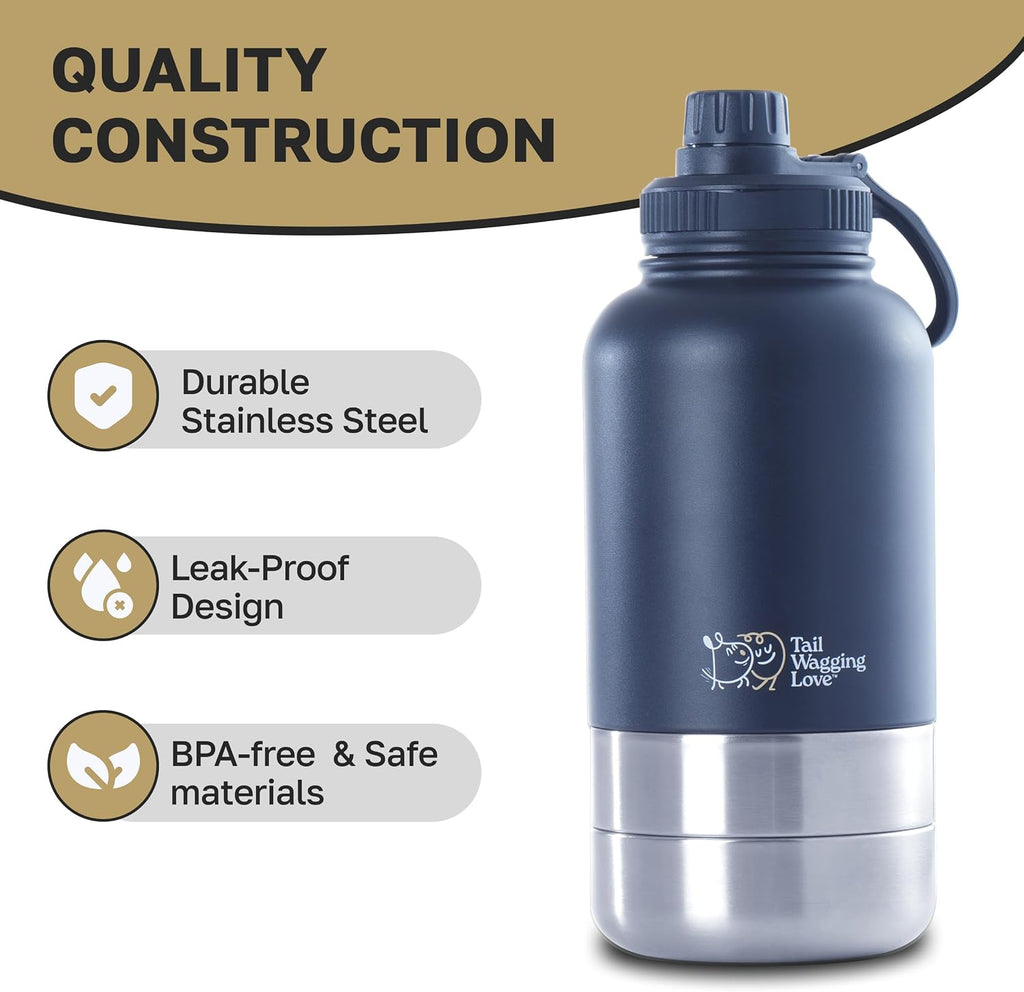 3in1 Travel Bottle for Pets (32oz) with Detachable Bowls - Stainless Steel