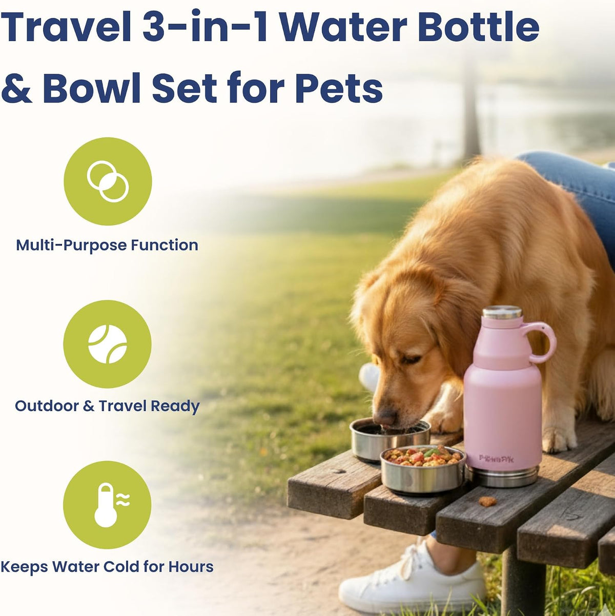 PawsPik 3-in-1 Travel Dog Water Bottle & Bowl Set, 32oz, Pink