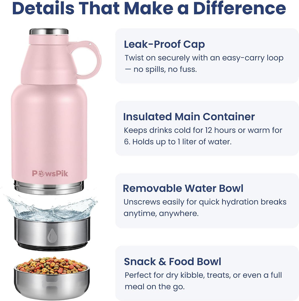 PawsPik 3-in-1 Travel Dog Water Bottle & Bowl Set, 32oz, Pink