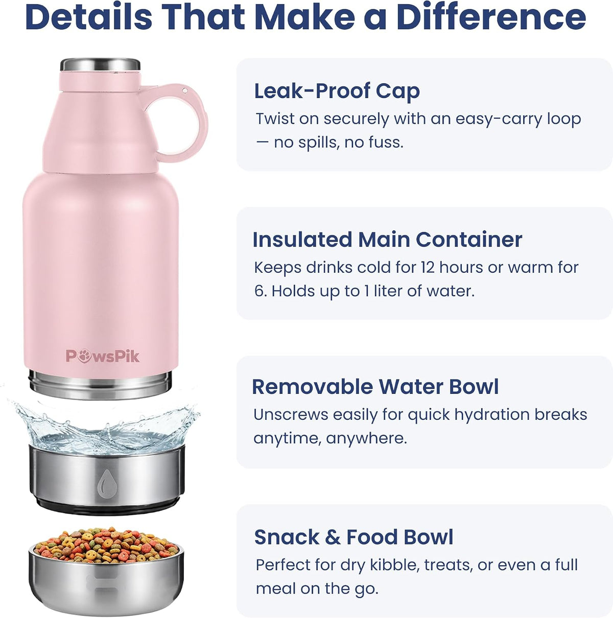 PawsPik 3-in-1 Travel Dog Water Bottle & Bowl Set, 32oz, Pink
