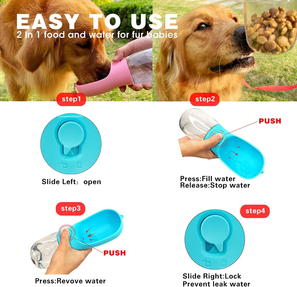 10oz Dog Water Bottle with Food Container, Portable for Travel