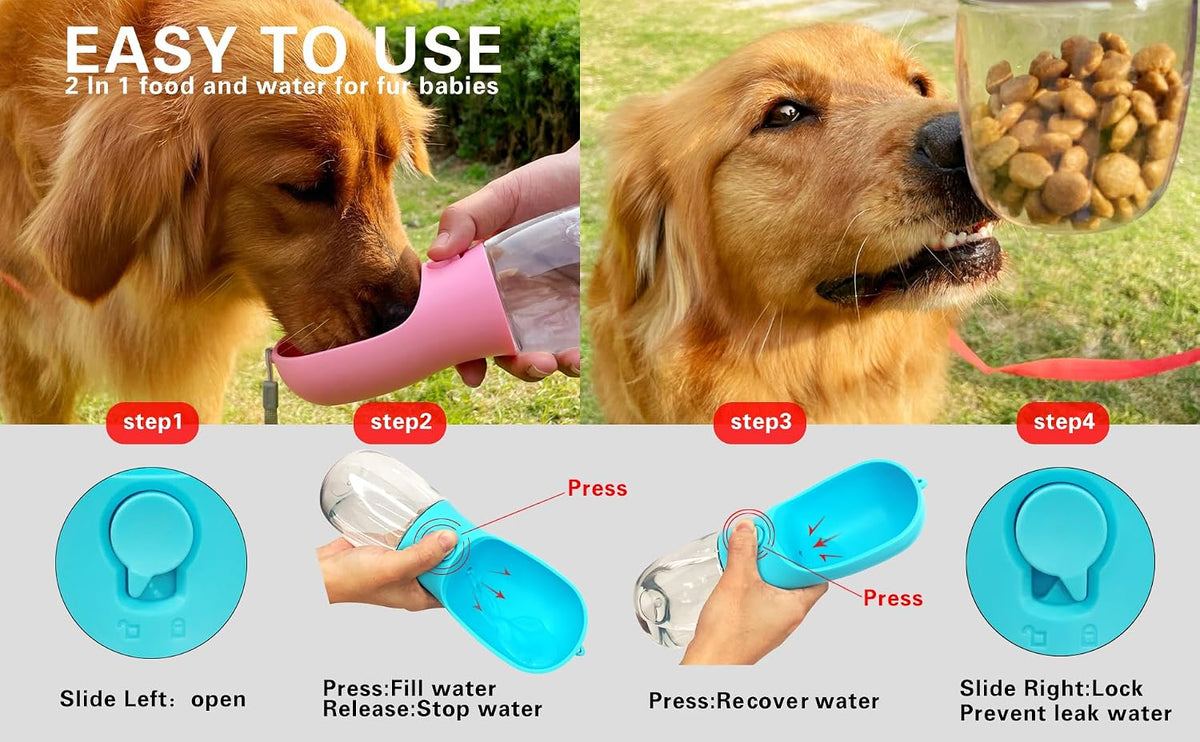 19oz Dog Water Bottle with Food Container, Portable for Travel