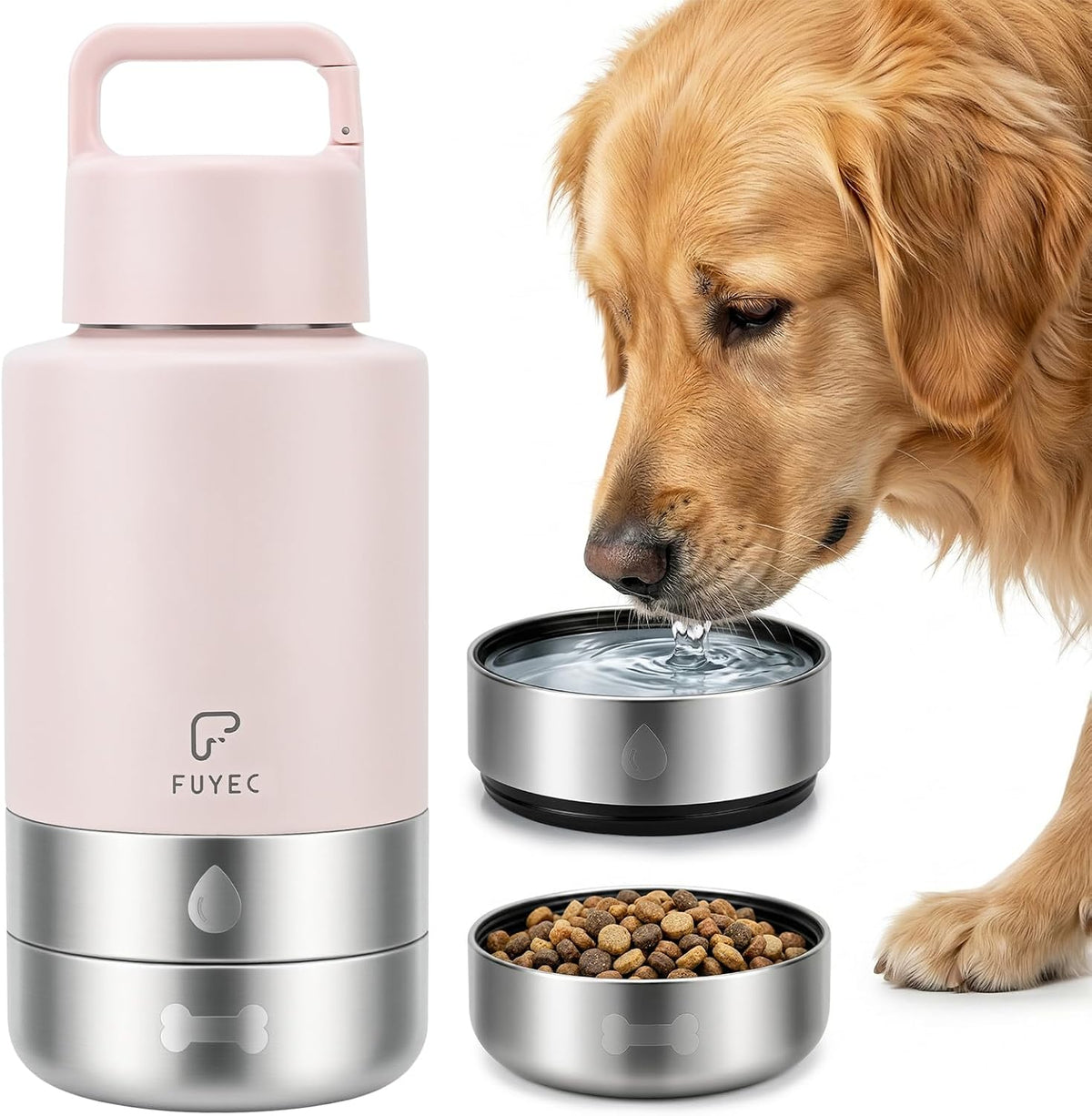 32oz 3-in-1 Dog Water Bottle Stainless Travel Cup with 2 Bowls,Green