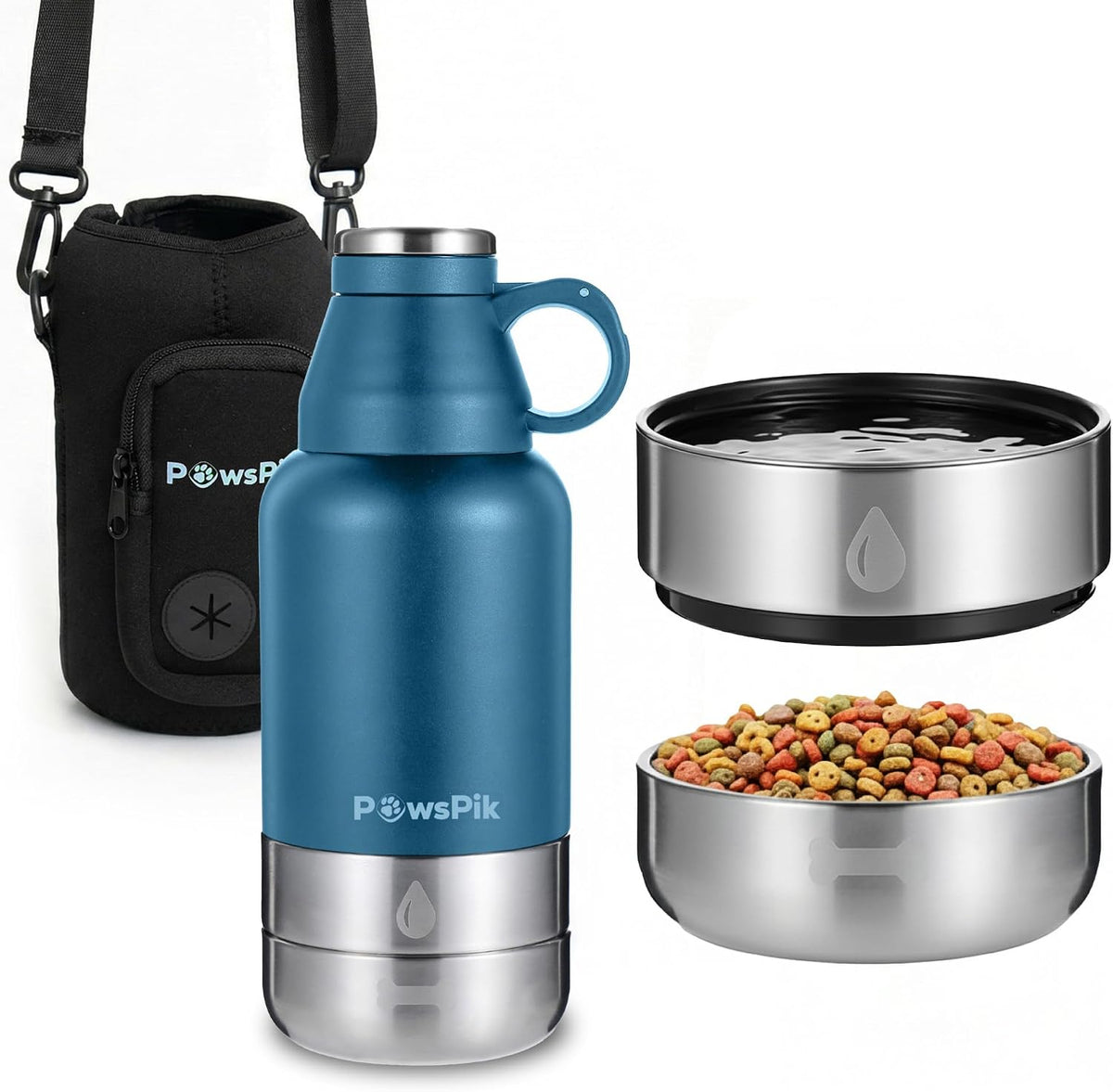 PawsPik 3-in-1 Travel Dog Water Bottle & Bowl Set, 32oz, Pink