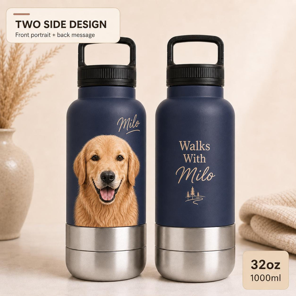 Personalized Blue Dog Travel Bottle: Stainless Steel Water & Bowl Cup (32 oz)