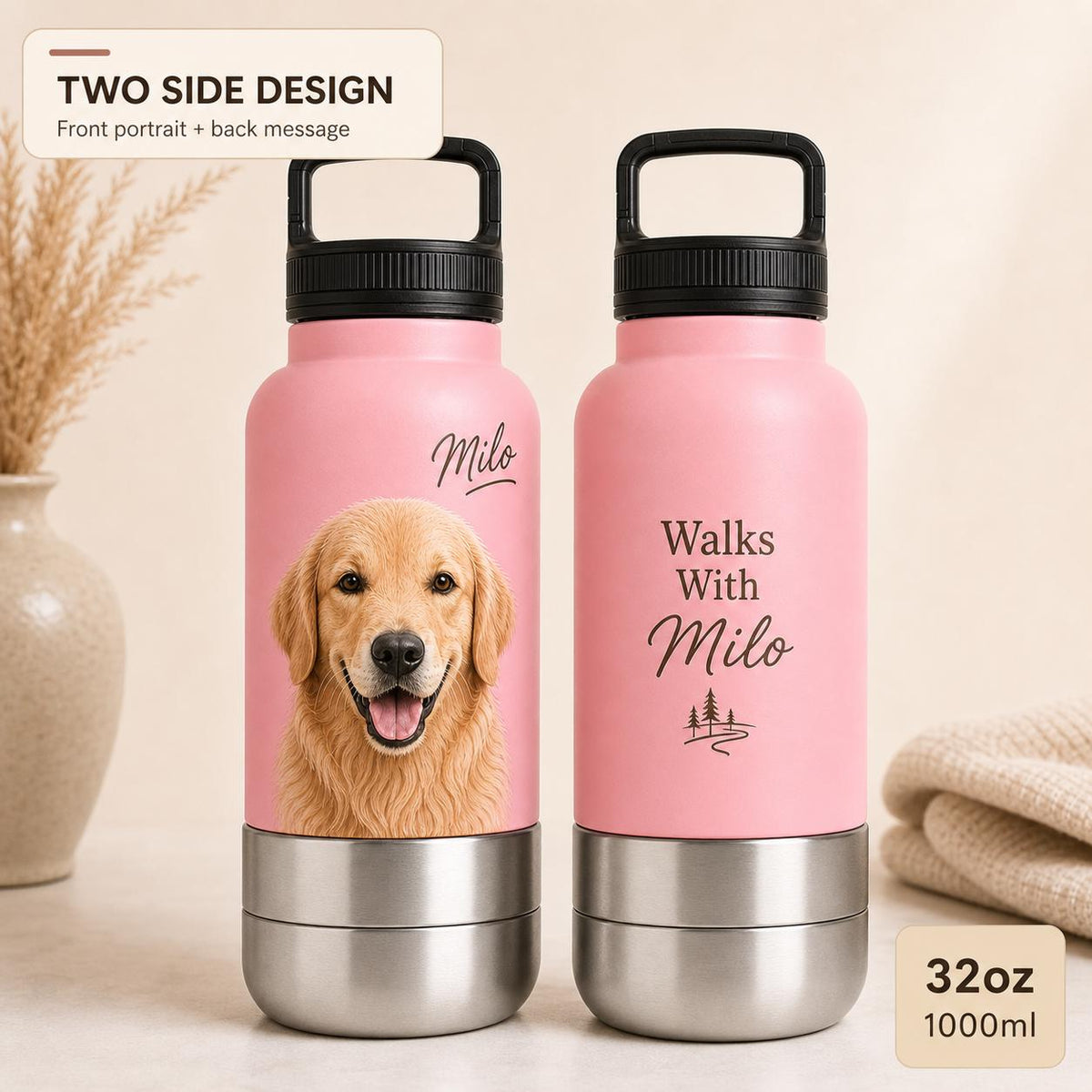 Personalized Pink Dog Travel Bottle: Stainless Steel Water & Bowl Cup (32 oz)