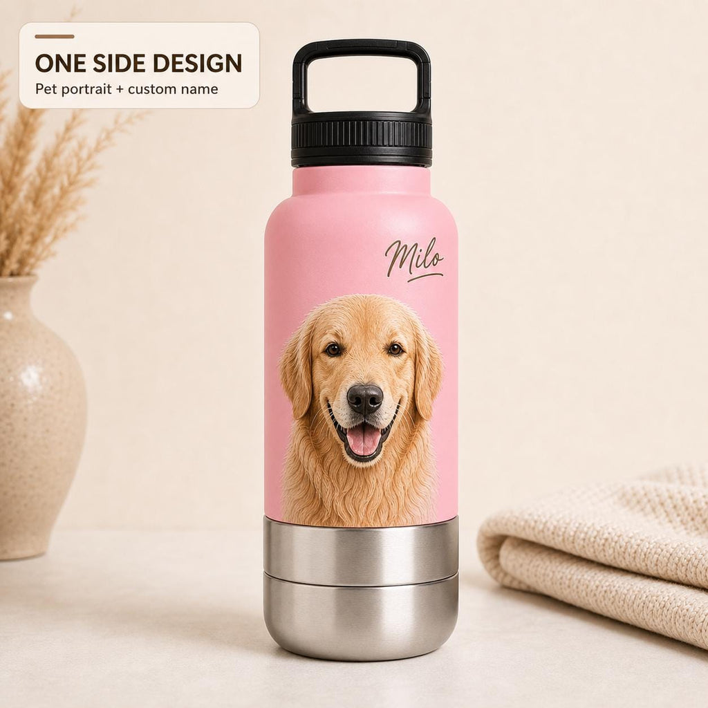 Personalized Pink Dog Travel Bottle: Stainless Steel Water & Bowl Cup (32 oz)