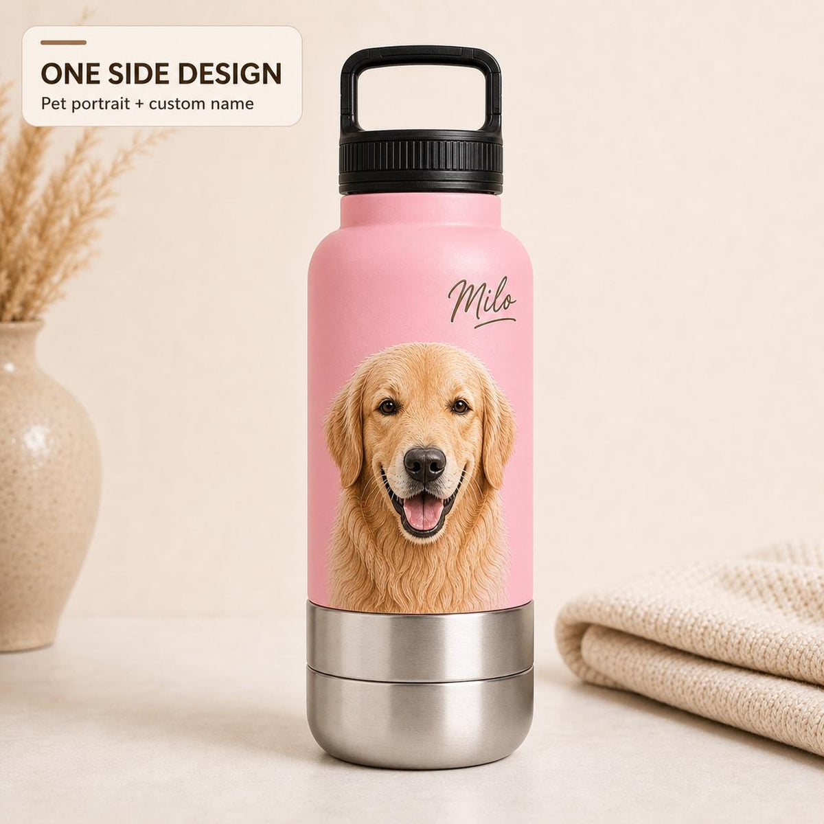 Personalized Pink Dog Travel Bottle: Stainless Steel Water & Bowl Cup (32 oz)
