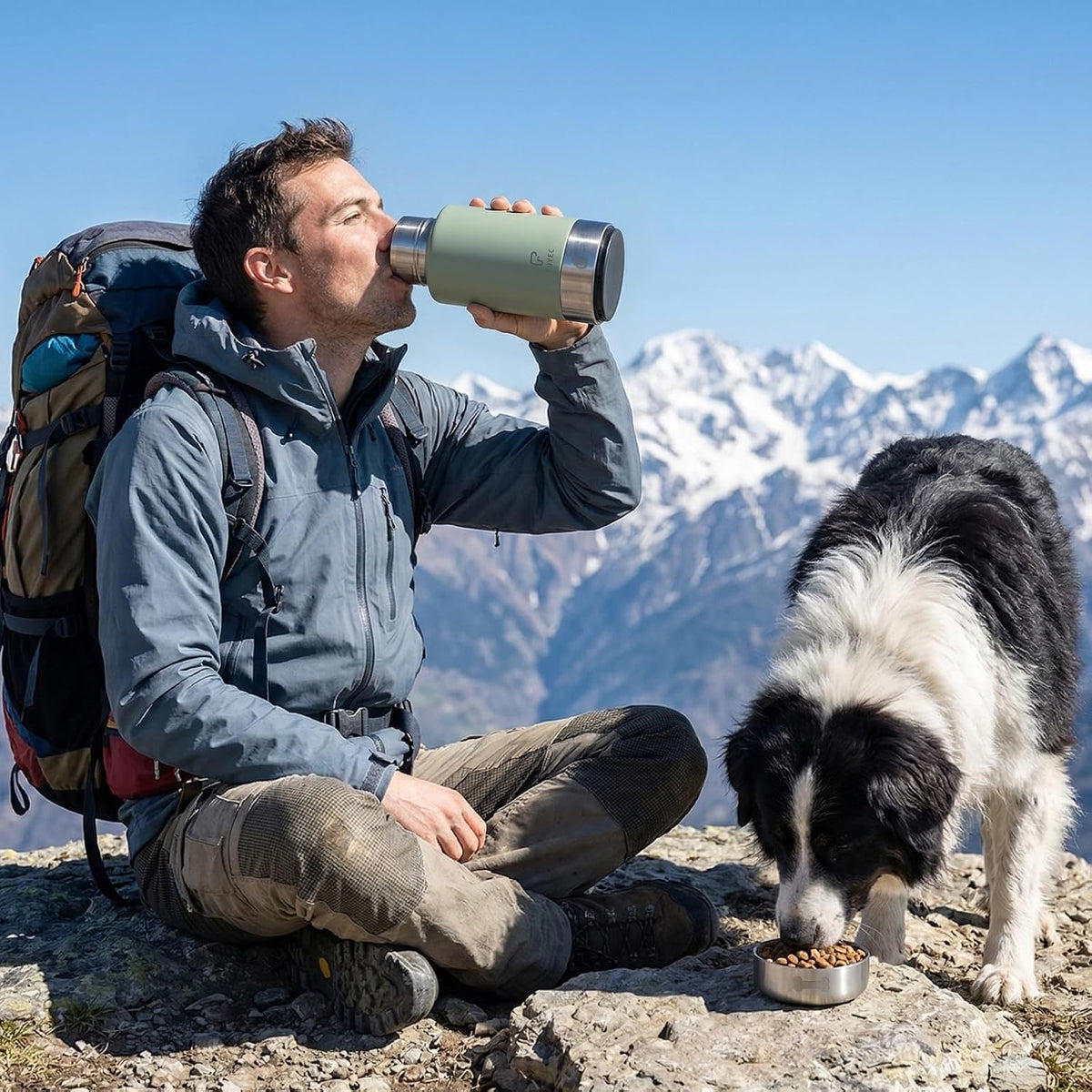 32oz 3-in-1 Dog Water Bottle Stainless Travel Cup with 2 Bowls,Green