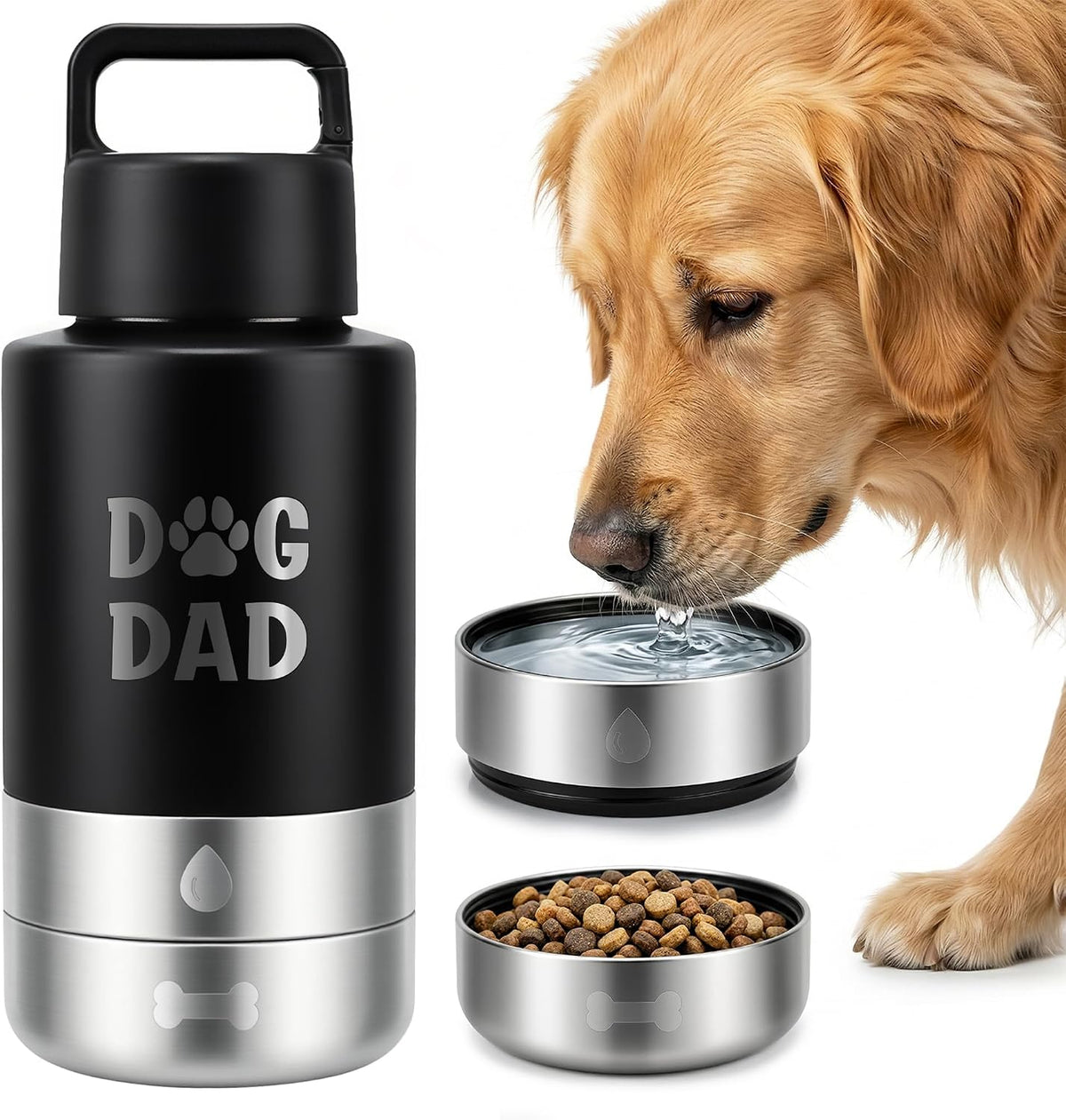 32oz 3-in-1 Dog Water Bottle Stainless Travel Cup with 2 Bowls,Green