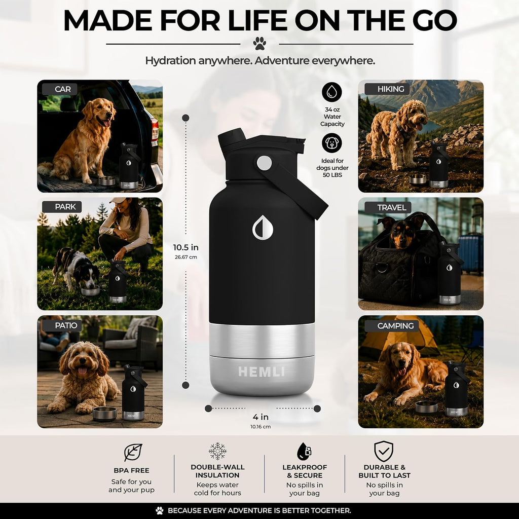 32 oz. Dog Water Bottle, Insulated Dog Travel Water Bottle, Stainless Steel Pet Water Bottle Dispenser, Portable Food and Water Bowl for Dogs for Walking Dog Canteen Travel Kit