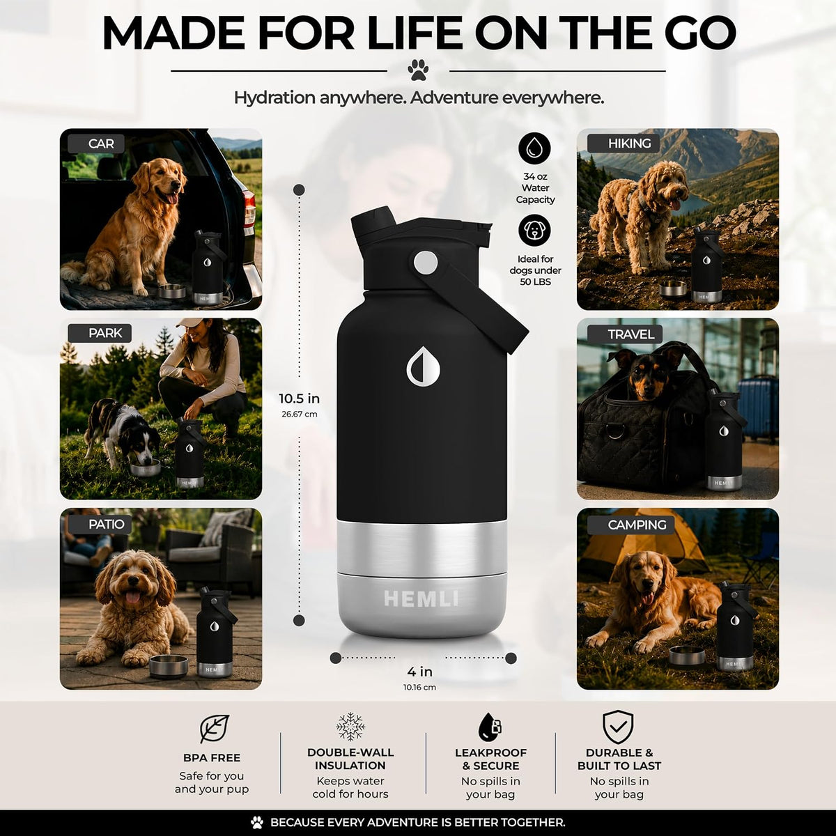 32 oz. Dog Water Bottle, Insulated Dog Travel Water Bottle, Stainless Steel Pet Water Bottle Dispenser, Portable Food and Water Bowl for Dogs for Walking Dog Canteen Travel Kit
