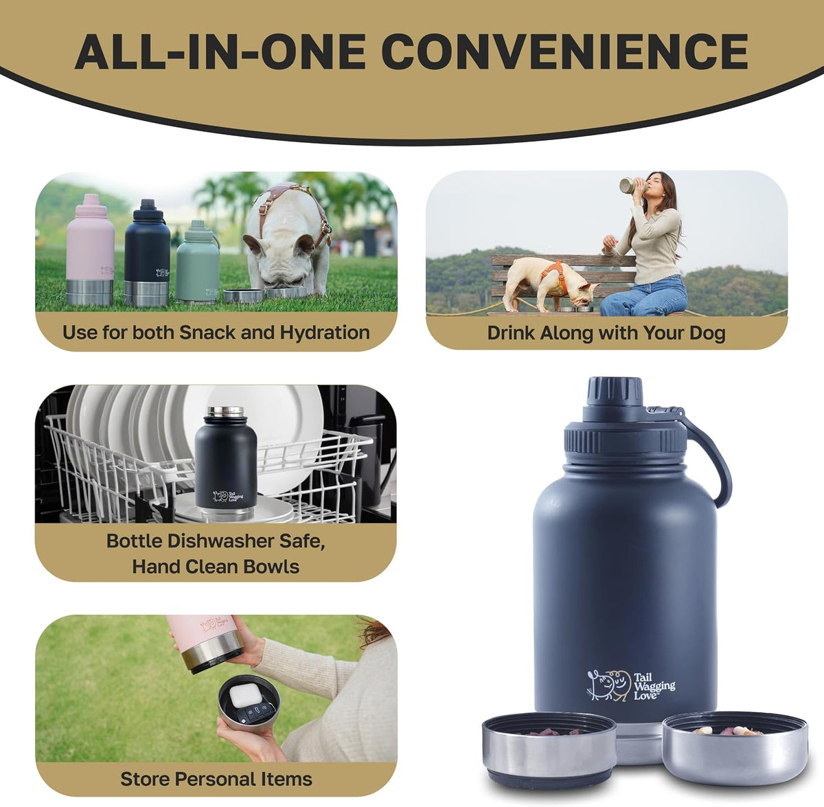 3in1 Travel Bottle for Pets (32oz) with Detachable Bowls - Stainless Steel