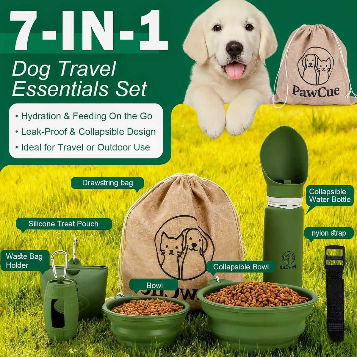 Pet Travel Essentials Bundle-Dog Travel Kit with 2 Collapsible Bowls, Silicone Treat Pouch, Collapsible Water Bottle, Mesh Carry Bag, Waste Bag Holder, Hook-and-Loop Strap