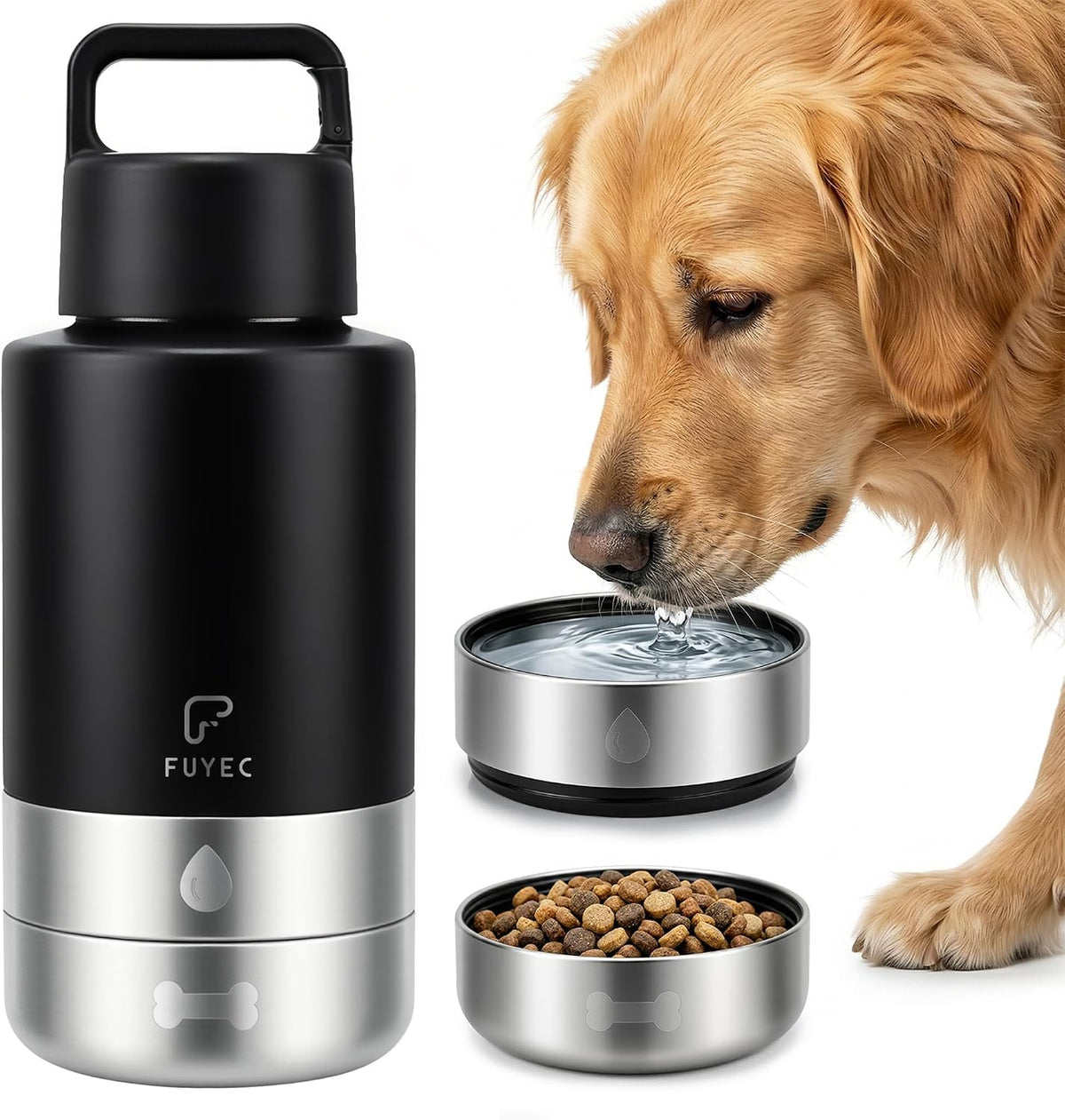 32oz 3-in-1 Dog Water Bottle Stainless Travel Cup with 2 Bowls,Green