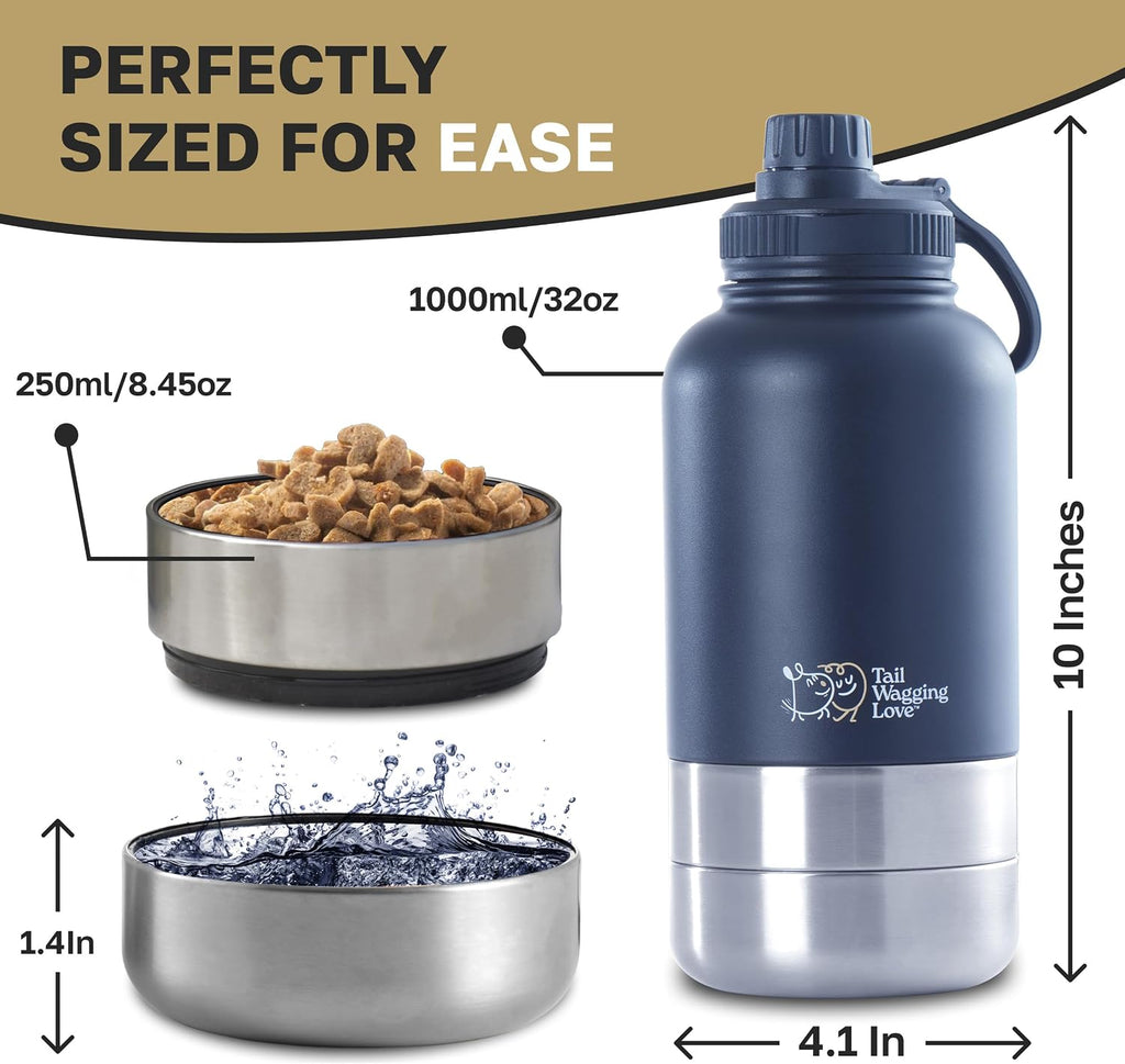 3in1 Travel Bottle for Pets (32oz) with Detachable Bowls - Stainless Steel
