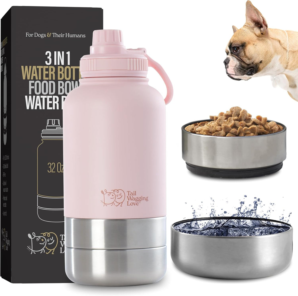 3in1 Travel Bottle for Pets (32oz) with Detachable Bowls - Stainless Steel