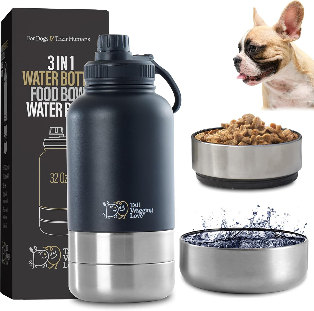 3in1 Travel Bottle for Pets (32oz) with Detachable Bowls - Stainless Steel