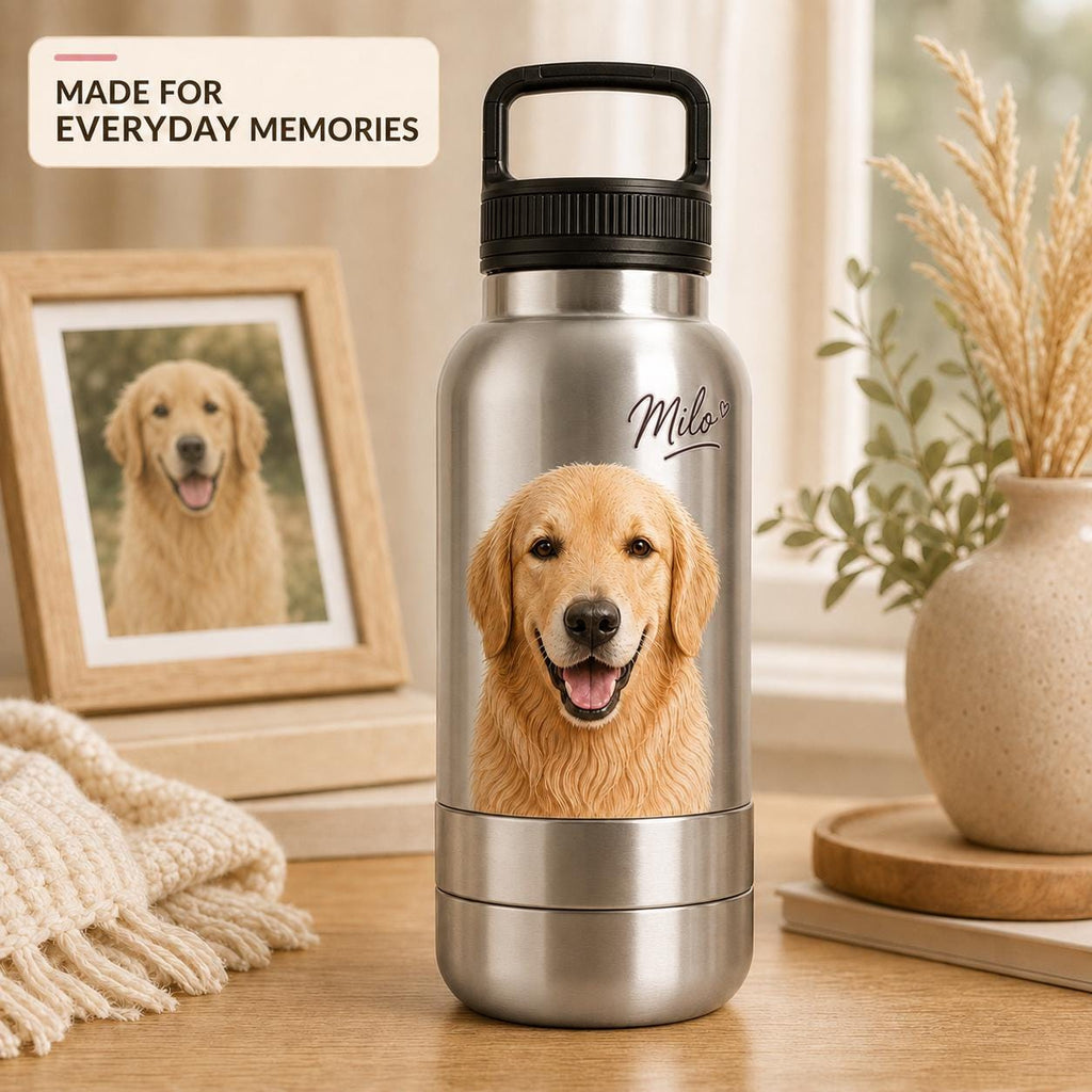 Personalisierte silberne Reisenapf-Flasche für Hunde: Edelstahl-Wasserflasche mit integriertem Napf (950 ml)
