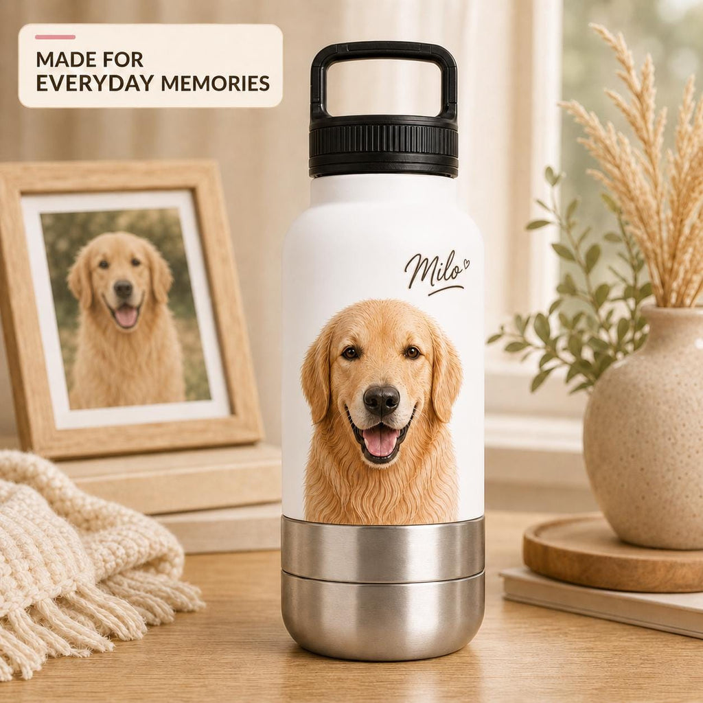 Personalisierte weiße Reiseflasche für Hunde: Edelstahl-Trinkflasche mit Napf (946 ml)