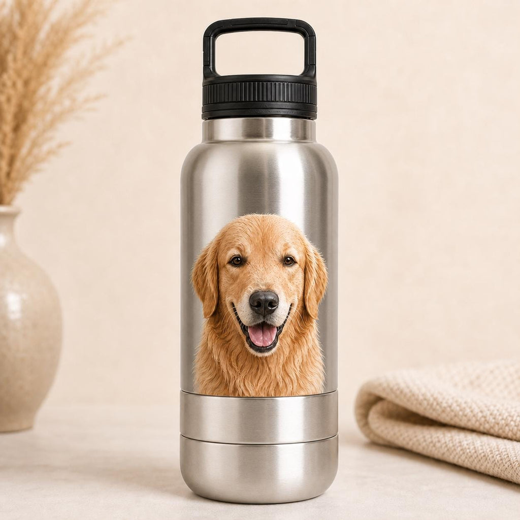 Personalisierte silberne Reisenapf-Flasche für Hunde: Edelstahl-Wasserflasche mit integriertem Napf (950 ml)