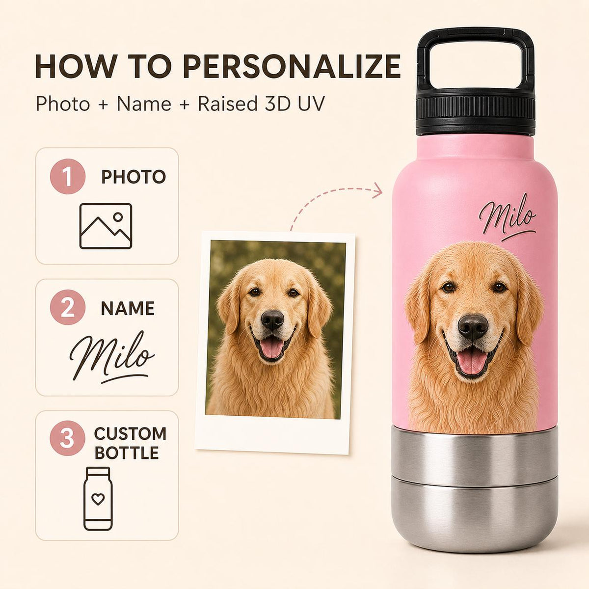 Personalized Pink Dog Travel Bottle: Stainless Steel Water & Bowl Cup (32 oz)