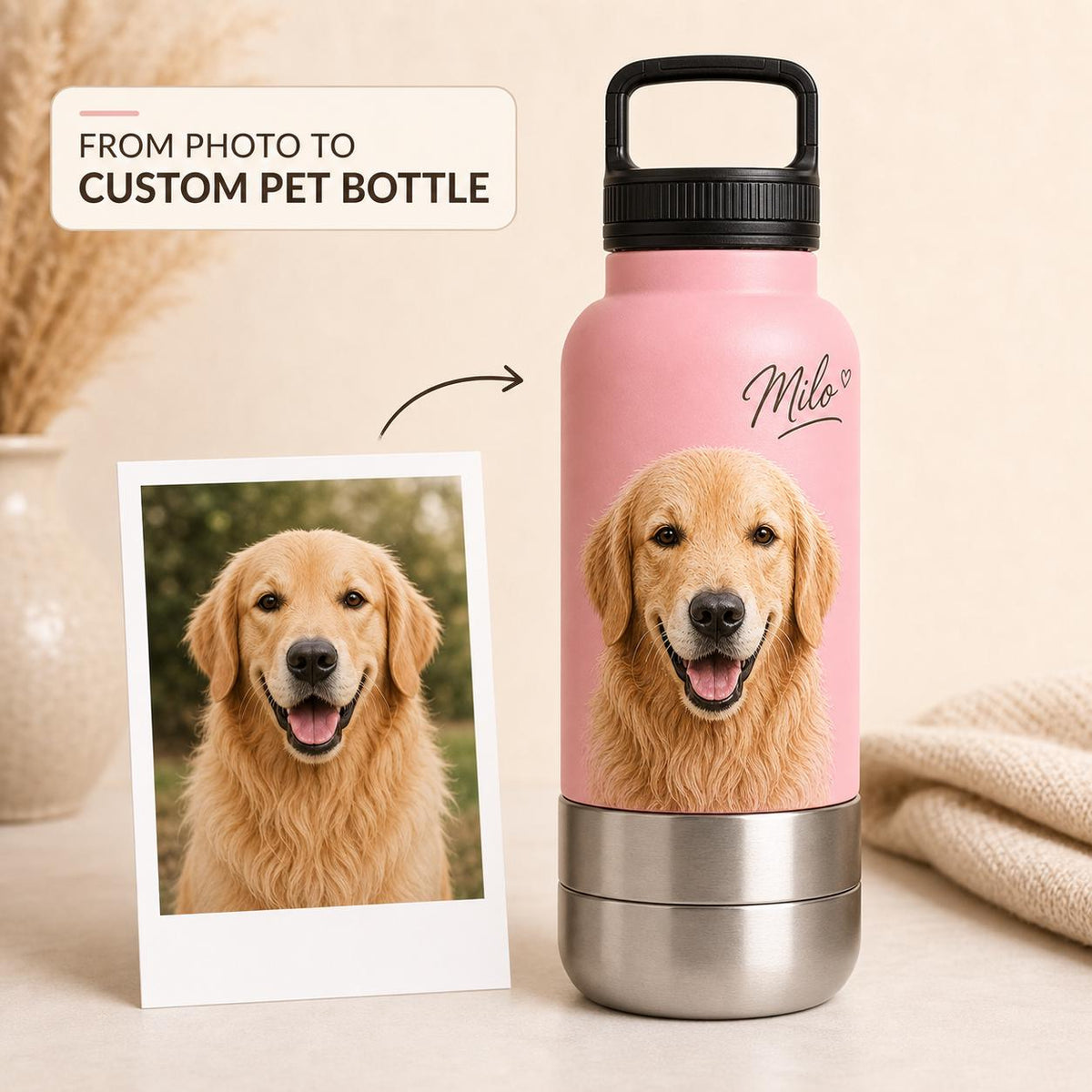 Personalized Pink Dog Travel Bottle: Stainless Steel Water & Bowl Cup (32 oz)
