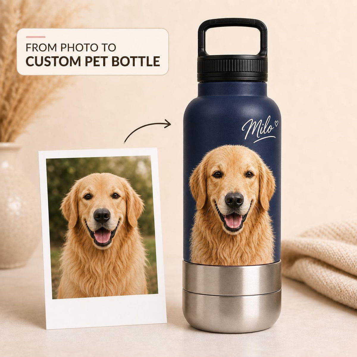 Personalized Blue Dog Travel Bottle: Stainless Steel Water & Bowl Cup (32 oz)