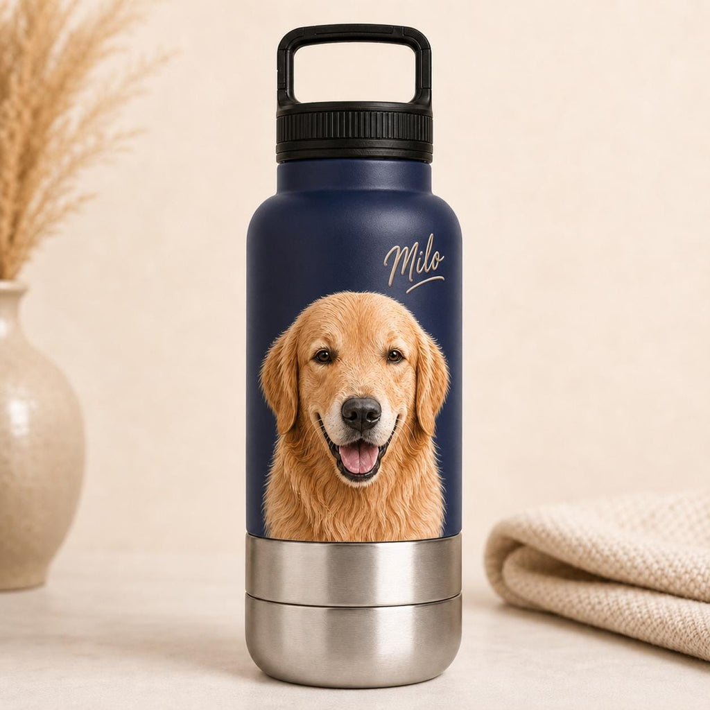 Personalized Blue Dog Travel Bottle: Stainless Steel Water & Bowl Cup (32 oz)