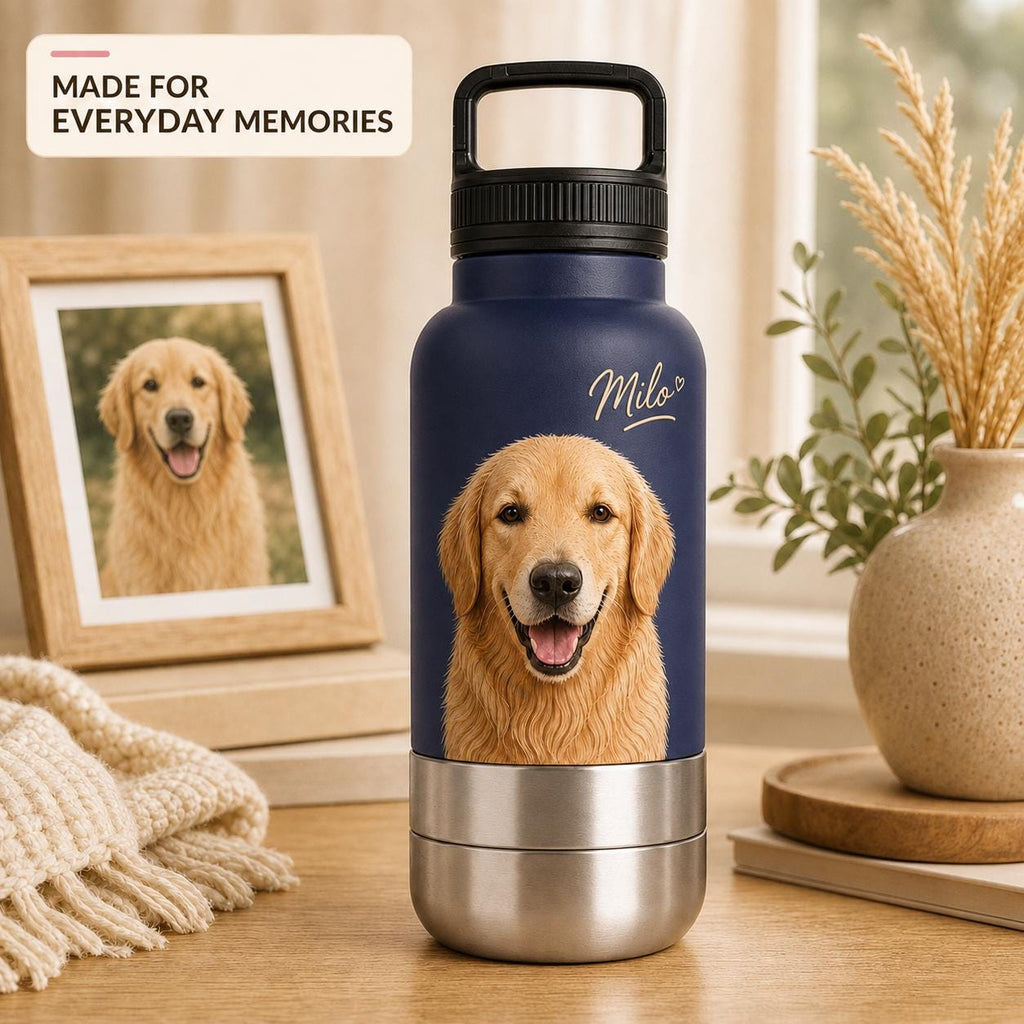 Personalized Blue Dog Travel Bottle: Stainless Steel Water & Bowl Cup (32 oz)