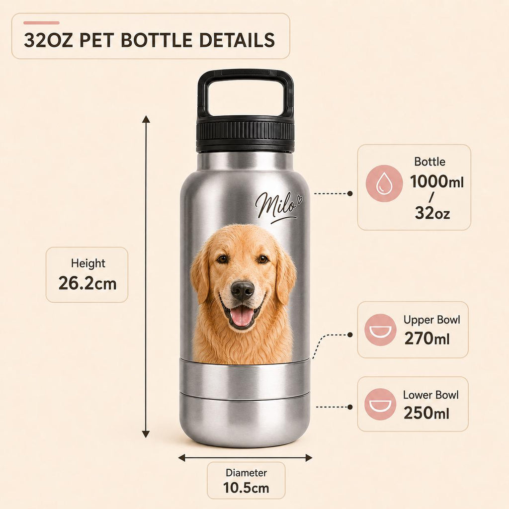 Personalisierte silberne Reisenapf-Flasche für Hunde: Edelstahl-Wasserflasche mit integriertem Napf (950 ml)