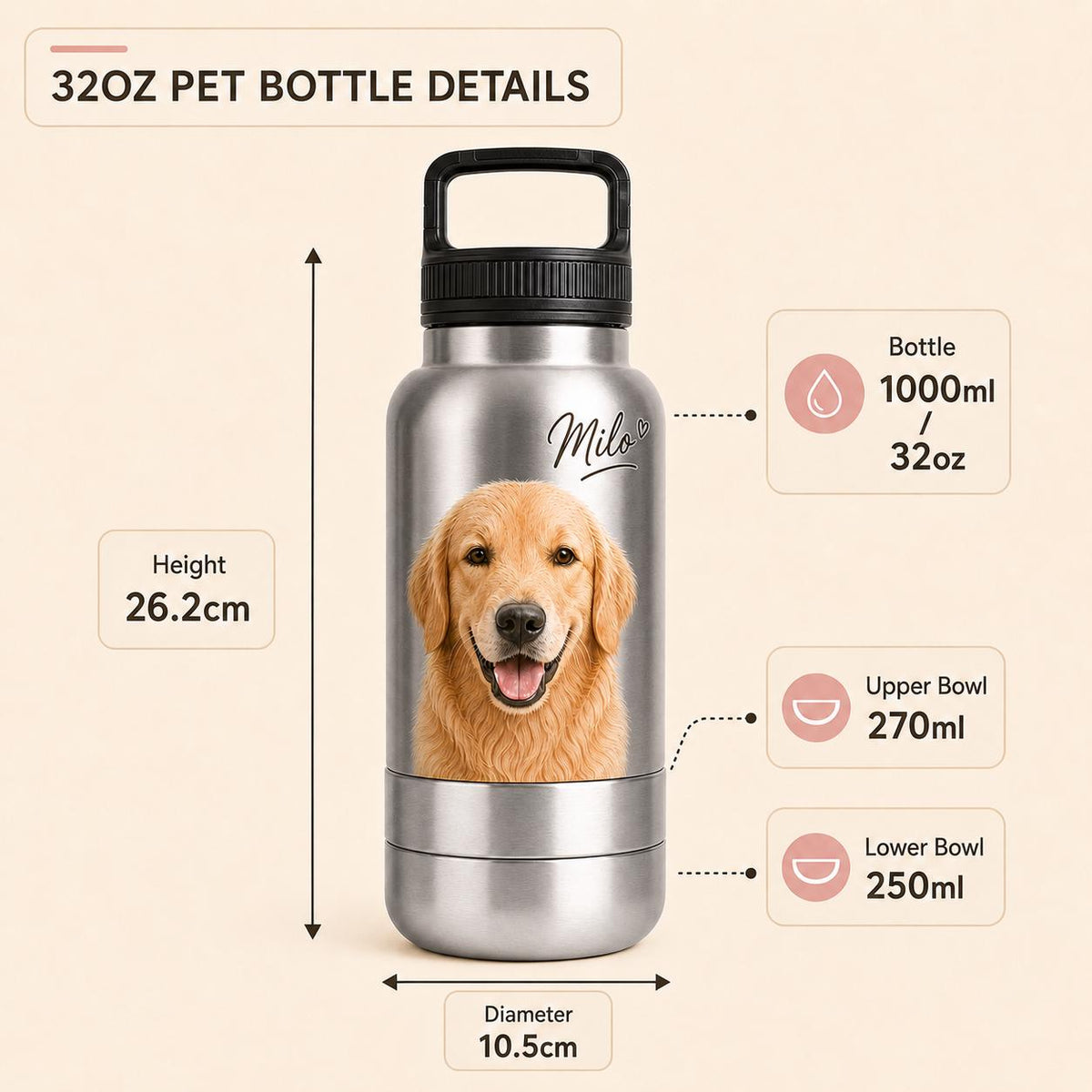 Personalisierte silberne Reisenapf-Flasche für Hunde: Edelstahl-Wasserflasche mit integriertem Napf (950 ml)