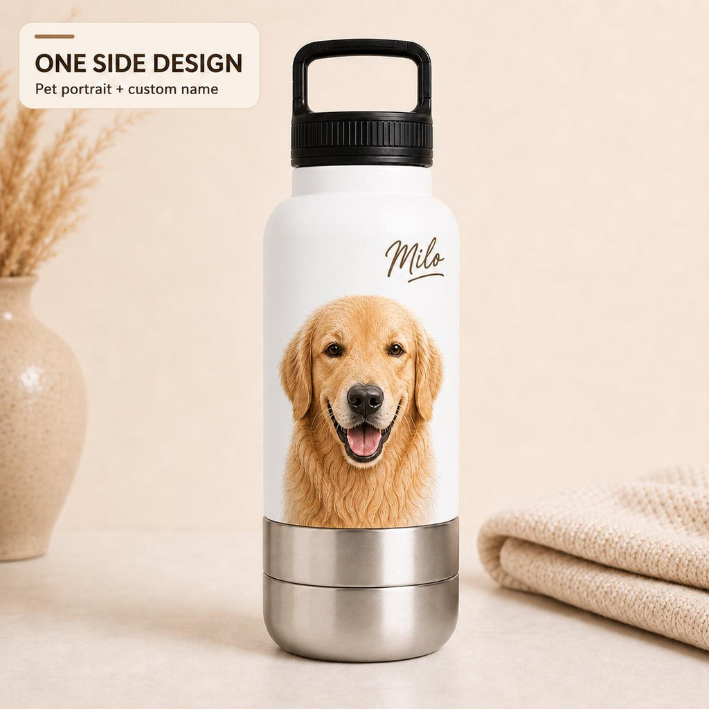 Personalisierte weiße Reiseflasche für Hunde: Edelstahl-Trinkflasche mit Napf (946 ml)
