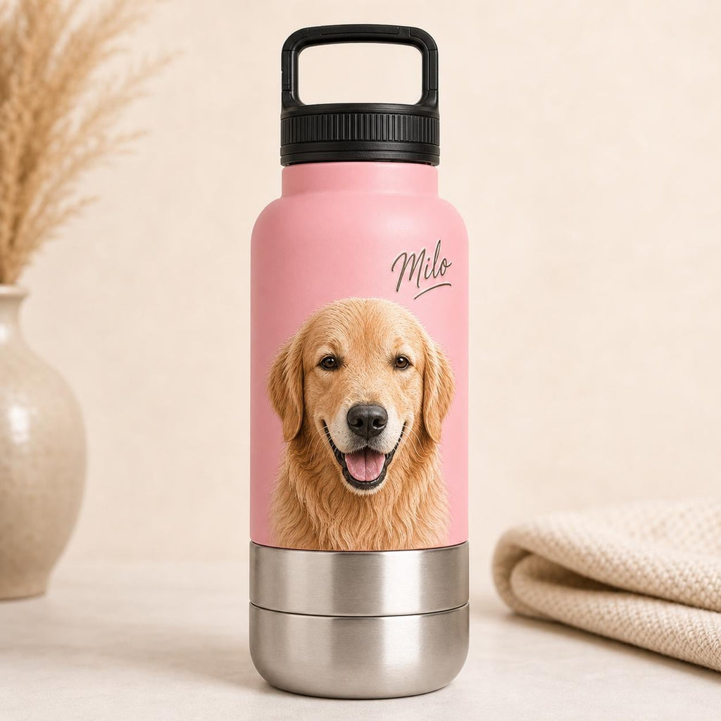 Personalized Pink Dog Travel Bottle: Stainless Steel Water & Bowl Cup (32 oz)